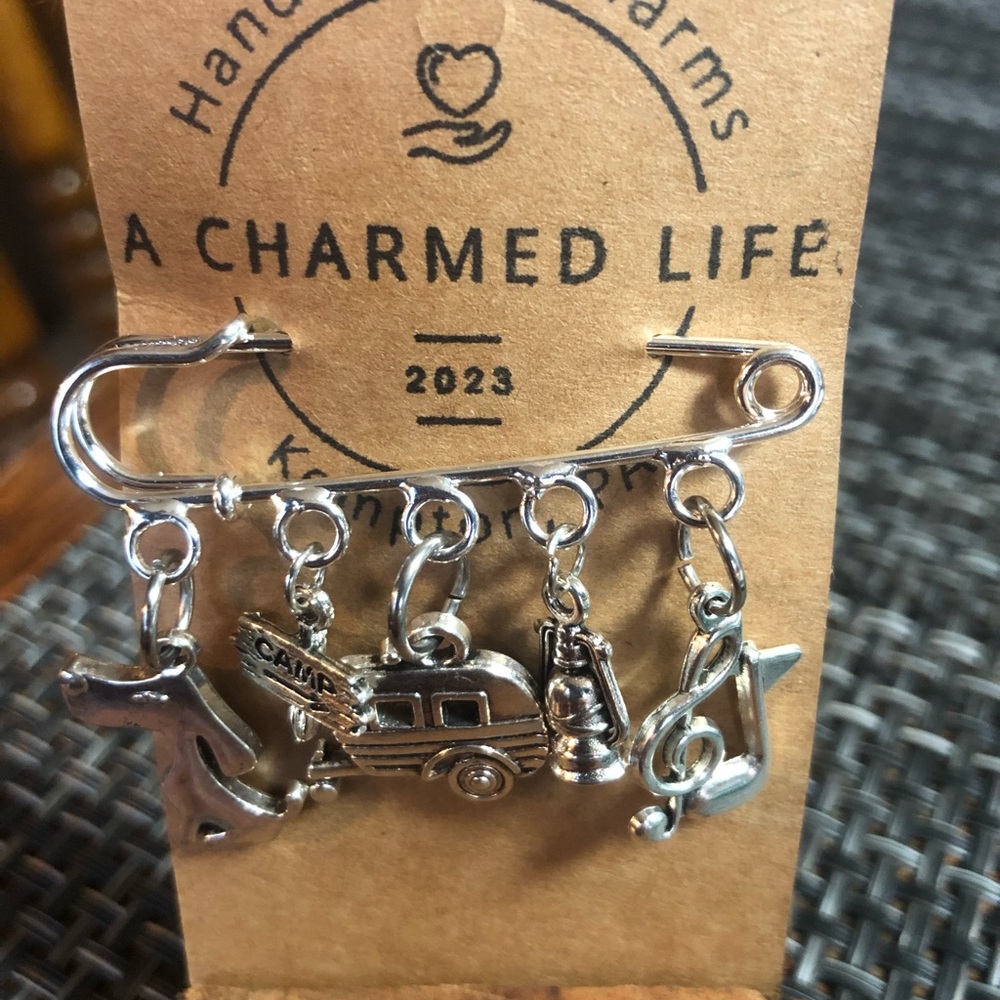 NWT, Handmade by A Charmed Life. Silver Pin with Camping Charms
